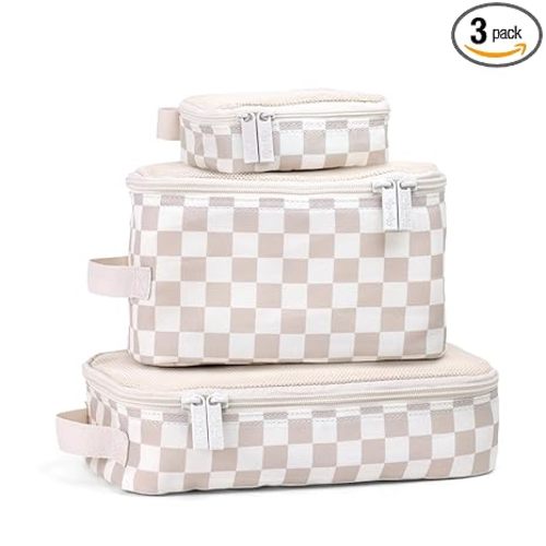 Itzy Ritzy Packing Cubes for Travel – Set of 3 Packing Cubes or Travel Organizers – Each Cube Features a Mesh Top, Double Zippers and a Fabric Handle (Checkerboard)