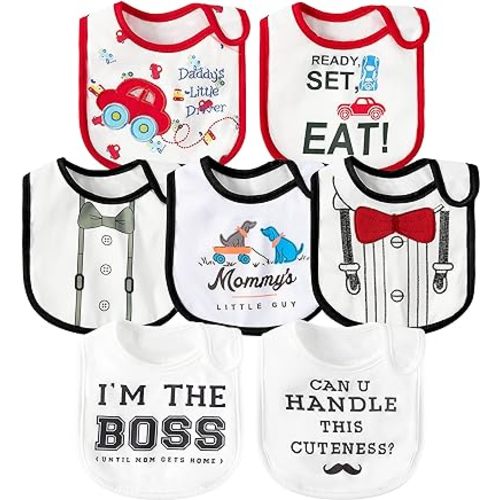 7Pcs Cotton Waterproof Baby Bibs Hook Loop Closure Newborn Bib Keepsake Baby Gift for Drooling Feeding Eating