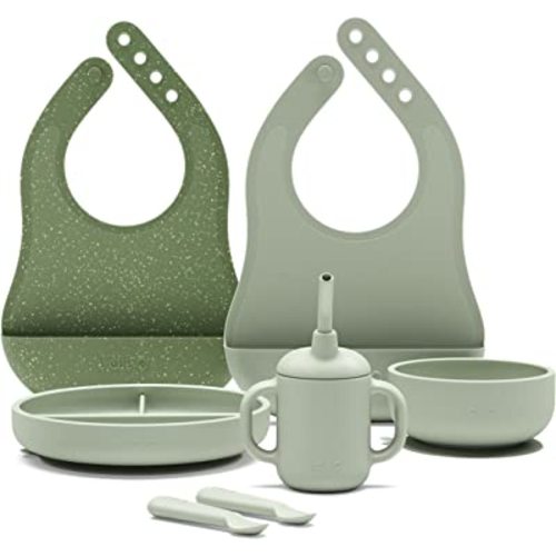 Lalo First Bites Silicone Baby Feeding Set - Baby Led Weaning Supplies - Non-Toxic Silicone - Includes 2 Bibs, 2 Spoons, Training Cup, Suction Plate and Bowl - 6 Pieces - Sage