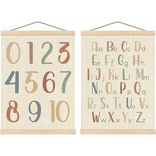 Boat Wades Alphabet Numbers Boho Nursery Poster Hanger Frame Set of 2, Colorful ABC 123 Educational Wall Art Hanging Banner Decor for Nursery Kids Room Playroom Classroom Homeschool, 12x16