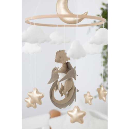 Felt Dragon nursery baby mobile, Neutral Baby mobile, Hanging toy, Fantasy baby nursery, Golden moon and stars, Baby shower gift