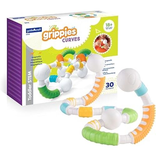 Guidecraft Grippies Curves - 30 Piece Set, STEM Soft Grip Magnetic Building Toy for Toddlers