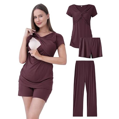 Maternity Nursing Pajamas Set 3PCS, Breastfeeding Tops, Adjustable Shorts & Pants, Postpartum Hospital Bag Essentials