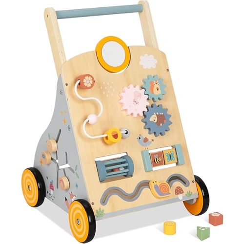 Wooden Baby Walker and Push Toy - Adjustable Height, Montessori Learning Activity Center for Boys and Girls, Toddler Push Walker and Development Toy for Kids 1-3 Years