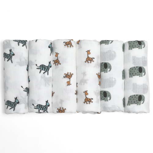 Gllquen Baby Muslin Swaddle Blankets 6-Pack, Soft Receiving Swaddles, Breathable Unisex for Newborns Infant Boys and Girls, 27 X 27", Elephant and Giraffe