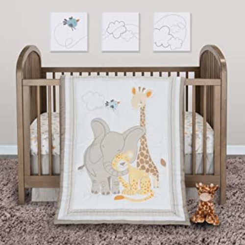 Sammy & Lou Safari Snuggle 4-Piece Baby Crib Bedding Set, Includes Quilt, Fitted Crib Sheets Neutral, Crib Skirt, and Plush Toy