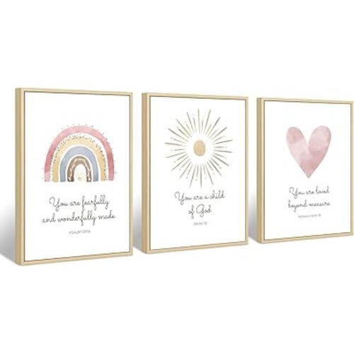 Boho Nursery Wall Art 3 Pieces Bible Verse Nursery Art Christian Girls Nursery Wall Art Heart Rainbow Sun Nursery Art Print Boho Sunshine Nursery Decor for Girl Baby Kid Room Decor 12x16 Inch FRAMED