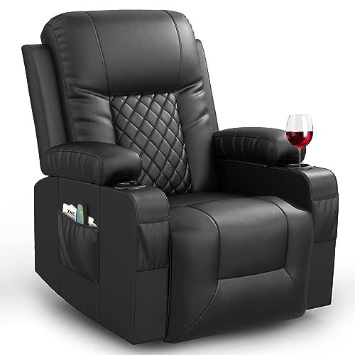 Recliner Chairs for Adults, FSC Certified Massage Rocker with Heated Modern Ergonomic Lounge 360 Degree Swivel Single Sofa Seat Living Room Lounge Recliners Black