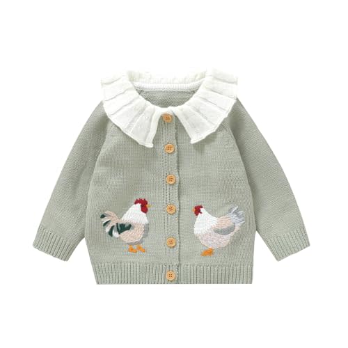 Toddler Baby Girl Sweater Cardigan Chicken Embroidery Doll Collar Button Down Knit Jacket Fall Winter Coat Knitwear