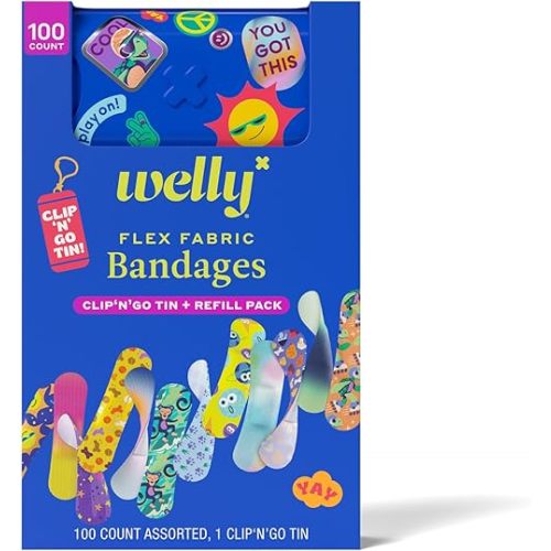 Welly Bandage Clip N' Go Tin & Refill Pack | Adhesive Flexible Fabric Bandages and Tin | Assorted Shapes and Patterns for Minor Cuts, Scrapes, and Wounds - 100 Count