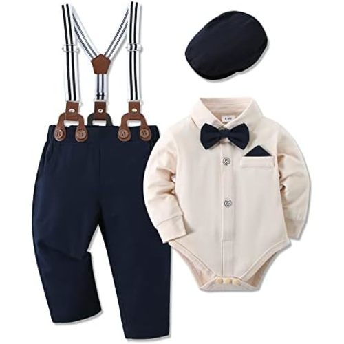 WESIDOM Baby Boy Clothes 0-18M Newborn Infant Gentleman Outfit, Shirt+Bowtie+Beret+Suspender Pant Baby boy Suit Clothing Set