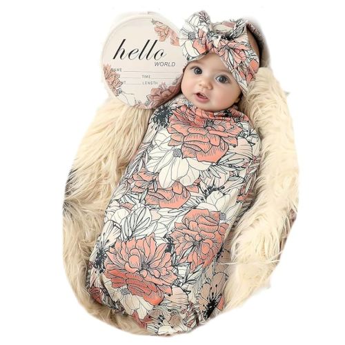 Galabloomer Newborn Receiving Blanket Headband Set Baby Flower Swaddle (cocal Almond)