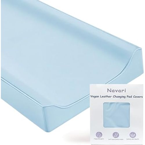 Vegan Leather Changing Pad Cover - 31"X 16" - Waterproof Wipeable, Extra Thick & Portable & Non-Slip Diaper Mat - Fits Standard Changing Tables for Baby Boy Girl (Blue) (NO Pad Included)