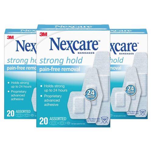 Nexcare Strong Hold Bandages, Assorted, 20 Bandages Per Box (3 Boxes), 20 Count (Pack of 3)