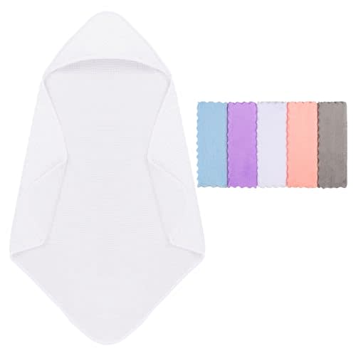Orighty Baby Hooded Towel with Five Washcloths, 28 x 28 Inch Super Soft Bath Towel with Hood for Babies, Infant, Newborn Essential - Ideal Baby Stuff Registry for Boys and Girls (White)