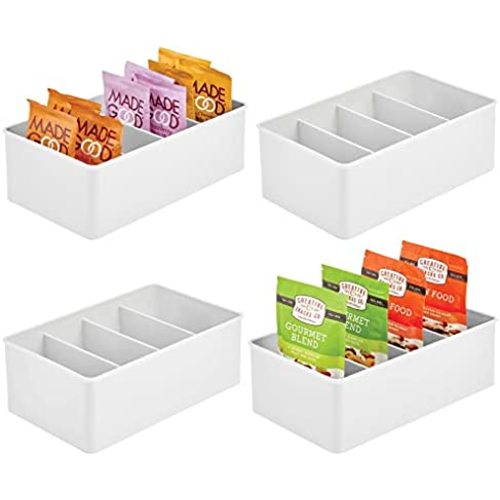 mDesign Plastic Divided Kitchen Organizer Bin Container Box with 4 Sections for Pantry, Fridge, Refrigerator, Countertop, Pantry, Hold Cereal, Snacks, Tea, Seasoning, Ligne Collection, 4 Pack, White