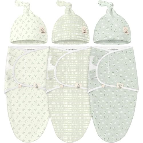 KeaBabies 3-Pack Organic Swaddles for Newborns Girls, Boys with Hats - Soft Cotton Baby Sleep Sacks 0-3 Months, Breathable Baby Hats and Swaddles 0-3 Months, Newborn Essentials Must Haves (Leafy)