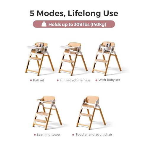Momcozy DinerPal Wooden High Chair for Babies, Toddlers & Adults Up to 308 Lbs, Convertible Baby Highchair with Food-Grade Tray, Dishwasher-Safe, Adjustable & Ergonomic, Natural Wood
