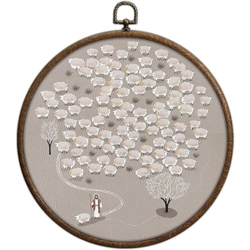 Jesus Leaves The 99 Sheep Wall Art, Christian Jesus And Lamb Waterproof Bathroom Round Frames for Art, Bible Sketch One Lost Sheep, Round Wall Decor for Farmhouse Bedroom Living Room Home Products, 13