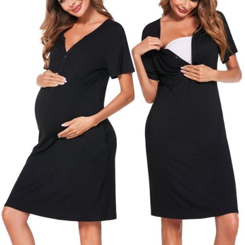 Ekouaer Nursing Nightgown Striped Women Short Sleeve Breastfeeding Sleep Dress Maternity Delivery/Labor Gown Floral Grey Black XXL