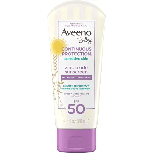 Aveeno Baby Continuous Protection Zinc Oxide Mineral Sunscreen Lotion for Sensitive Skin, Broad Spectrum SPF 50, Tear-Free, Sweat- & Water-Resistant, Paraben-Free, Travel-Size, 3 fl. oz