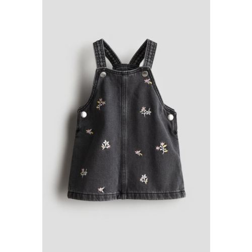 Cotton Denim Overalls, Square Neckline, Sleeveless, Dark gray/floral