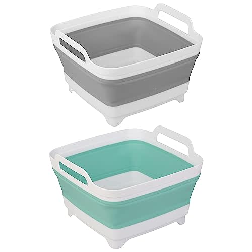 2 Pack Dishpan for Washing Dishes, 2.4Gal/9L Wash Basin with Draining Plug Carry Handles, Collapsible Bucket for Cleaning, Portable Sink, Foldable Plastic Tub