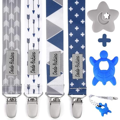Dodo Babies Pacifier Clip & Teether Toy Set – Four Clips Plus Two Silicone Teether Toys – Universal Holder Fits Most Paci Brands – Fun Blue and Gray Prints for Girls or Boys - Pacifier Holder
