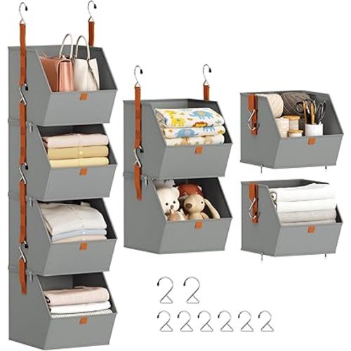 Hanging Closet Organizer 4 Tier - Clothes Hanging Shelves, Space-Saving Closet System, Fabric Storage Bins Bedroom Organization, Collapsible Baskets for Home, Dorm, Rv, Grey