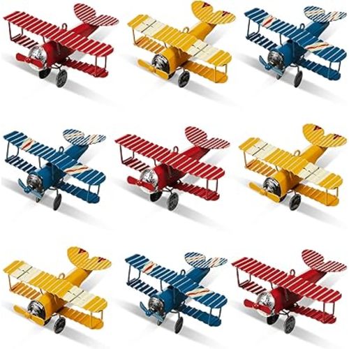 Therwen 9 Pcs Metal Airplane Decorations Hanging Iron Biplane Vintage Airplane Models Retro Plane Aircraft for Christmas Birthday Home Decor Room Desktop Ornament Photo Props, Red Blue Yellow