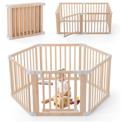Foldable Wooden Playpen, Large Baby Play Yard with Locking Gate for Babies and Toddler 1-3 Year, Portable Playpen for Activity Center Indoor Outdoor(Wood, 6 Panel)
