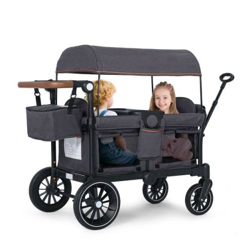 Kinder King 2-Seat Wagon Stroller, All-Terrain Foldable Stroller Wagon for Toddlers with Canopy, Snack Tray & Push/Pull Bar
