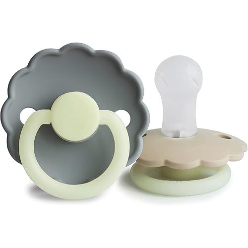 FRIGG Daisy Night SilkySoft Silicone Baby Pacifier | Made in Denmark | BPA-Free (French Gray/Croissant, 0-6 Months)