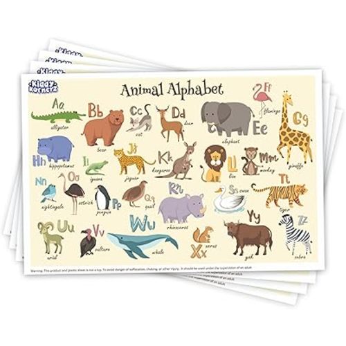 40 Pack Waterproof Stick-on Disposable Placemats for Baby Eating Mat, 12" x 18" Toddler Place mats for Restaurants, Plastic Kids Placemats for Dining Table Tyke Baby Mat, Animal Alphabet Theme