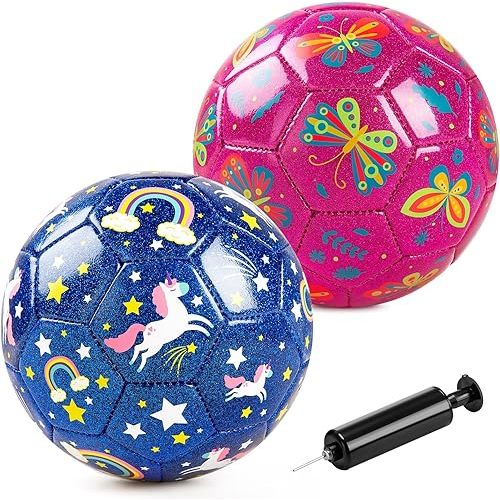 ZOOJOY Soccer Ball Size 2 for Toddler, 2 Pack Kids Soccer Ball with Pump Mesh Bag,Butterfly & Unicorn Toddler Girl Toys for 1 2 3 4 5 6 Years Old, Boys Girls Gifts for Indoor Outdoor Play Balls