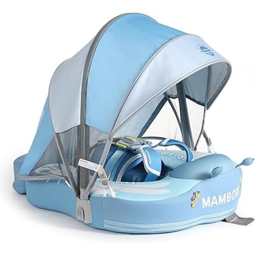 Mambobaby Float Upgrade Add Tail Baby Float with Canopy for Infant Waist Swimming Ring Swim Trainer Non-Inflatable Floats Toys with Adjustable Safety Strap (Blue - Butterfly)