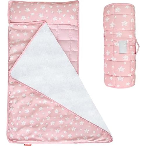 Moonsea Toddler Nap Mat Pink and Fleece Minky Blanket, Lightweight and Soft Perfect for Kids Preschool, Daycare, Travel Sleeping Bag for Girls, 21" x 50" Fit on a Standard Cot