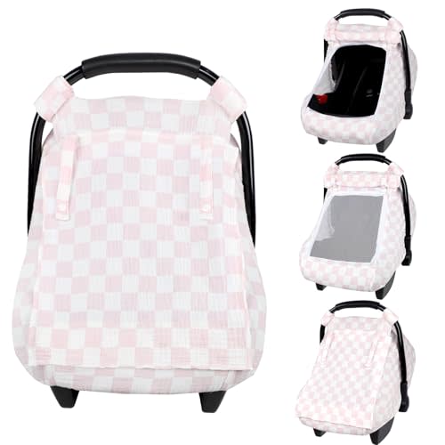 DAYEEBALL Summer Baby Car Seat Cover, Muslin Carseat Cover for Infant Boys Girls with Large Mesh Window, Breathable Newborn Car Seat Canopy, Pink Checkerboard