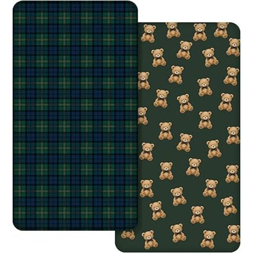 CroBlissful 2 Pack Tartan Plaids Bear Baby Crib Fitted Sheet 52'' x 28'' Stretchy Neutral Fitted Crib Mattress Sheet Baby Bedding for Standard Mattress Gift Set