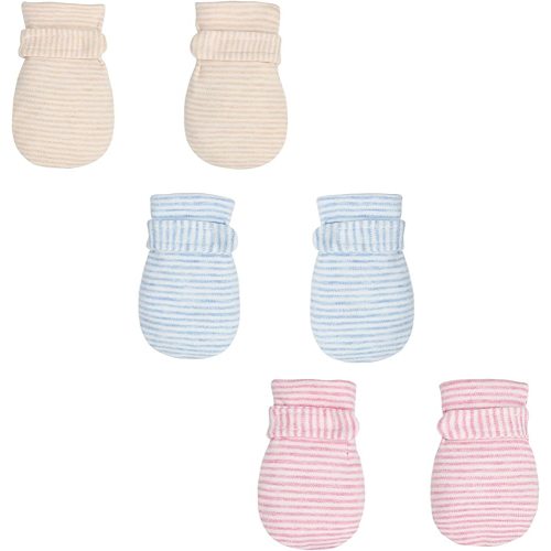 Newborn Baby No Scratch Mittens Stay On, 100% Cotton Breathable, Adjustable Infant Gloves for Baby Boys Girls Mittens (Khaki/Blue/Pink Stripe, 0-3 Months)