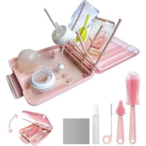 Baby Bottle Brush, 7 in 1 Travel Bottle Cleaner Kit with Silicone Bottle Brush, Nipple Brush, Straw Brush, Soap Dispenser, Bottle Drying Rack, Dishcloths, Portable Essentials for Home and Travel-Pink