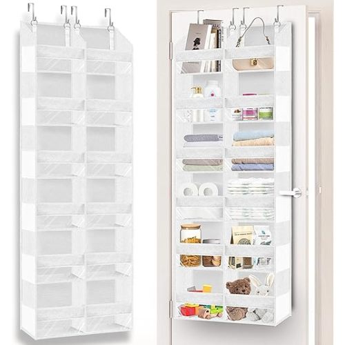 Over The Door Organizer 6 Tiers, Extra Large Behind Door Storage of 12 Compartments, 80 lbs Weight Capacity Hanging Storage Organizer with Clear Window Kids Toys, Shoes,Diapers, Room Storage, White