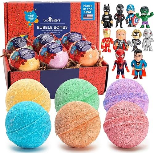 Superhero Bath Bombs for Kids with Surprise Toys Inside (6 Pack) - Large Bubble Bomb Fizzies for Boys, Girls, & Toddlers - Fruity Scents, Relaxing Aromas, Made in USA, Birthday Gift by Two Sisters