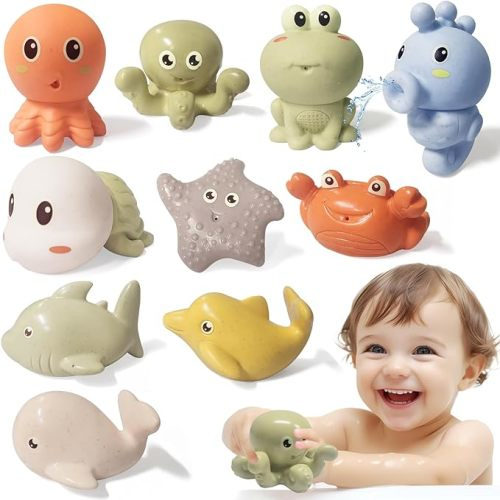 Mold Free Bath Toys for Kids Ages 1-3, 10PCS Silicone Animal Baby Bath Toys for Babies 6-12 Months, No Mold Bathtub Toys Toddlers 2-4, Bath Squirt Toys Floating Water Pool Toys Gifts for Boys Girls