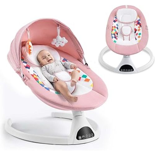 Baby Swing for Infants,Electric Bouncer for Babies,Portable Swing for Baby Boy Girl,Indoor Baby Rocker with 5 Sway Speeds,Music and Bluetooth,Light Pink