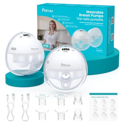 Paruu Hands Free Breast Pump P16, Wearable Breast Pump Electirc Portable with 4 Modes & 12 Levels, Max 309mmHg Strong Suction 19/21/24mm Flange Inserts Wearable Breastfeeding Pump, 2 Pack White