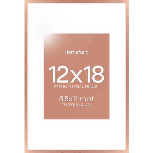 Homeforia 12x18 Picture Frame Rose Gold, High End Metal 12x18 Poster Frames with Mat 8.5x11 in Photo, 12 x 18 Rose Gold Frame Matted to 8.5 by 11 Print, 18x12 Frame, Tempered Glass, Wall Kit, Set of 1