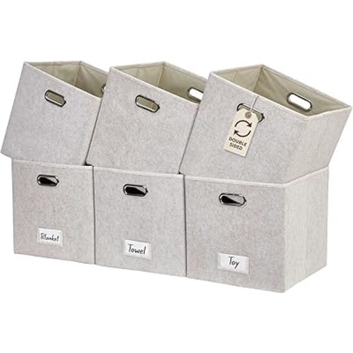 DECOMOMO Felt Storage Bins, 11 inch Cube Storage Bin with Labels for Shelves Kallax (Cube 11" / 6pcs, Beige)