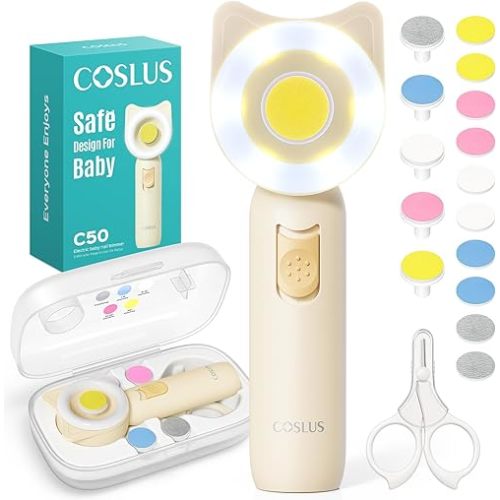 COSLUS Baby Nail File, Baby Nail Trimmer Electric, Baby Nail Clipper - Gentle, Quiet with 360° Light, Safe for Sleep Time Grinding, 16-in-1 Kit for Newborn, Infant & Toddler (C50, Lemon Yellow)