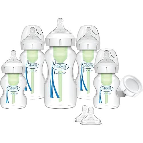 Dr. Brown's Natural Flow Anti-Colic Options+ Wide-Neck Baby Bottle Newborn Feeding Set with Baby Bottle Travel Caps